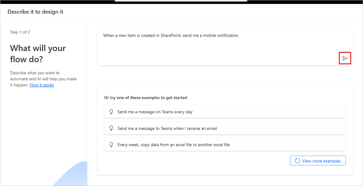 Power Automate Describe it to design it screen with a SharePoint notification prompt.