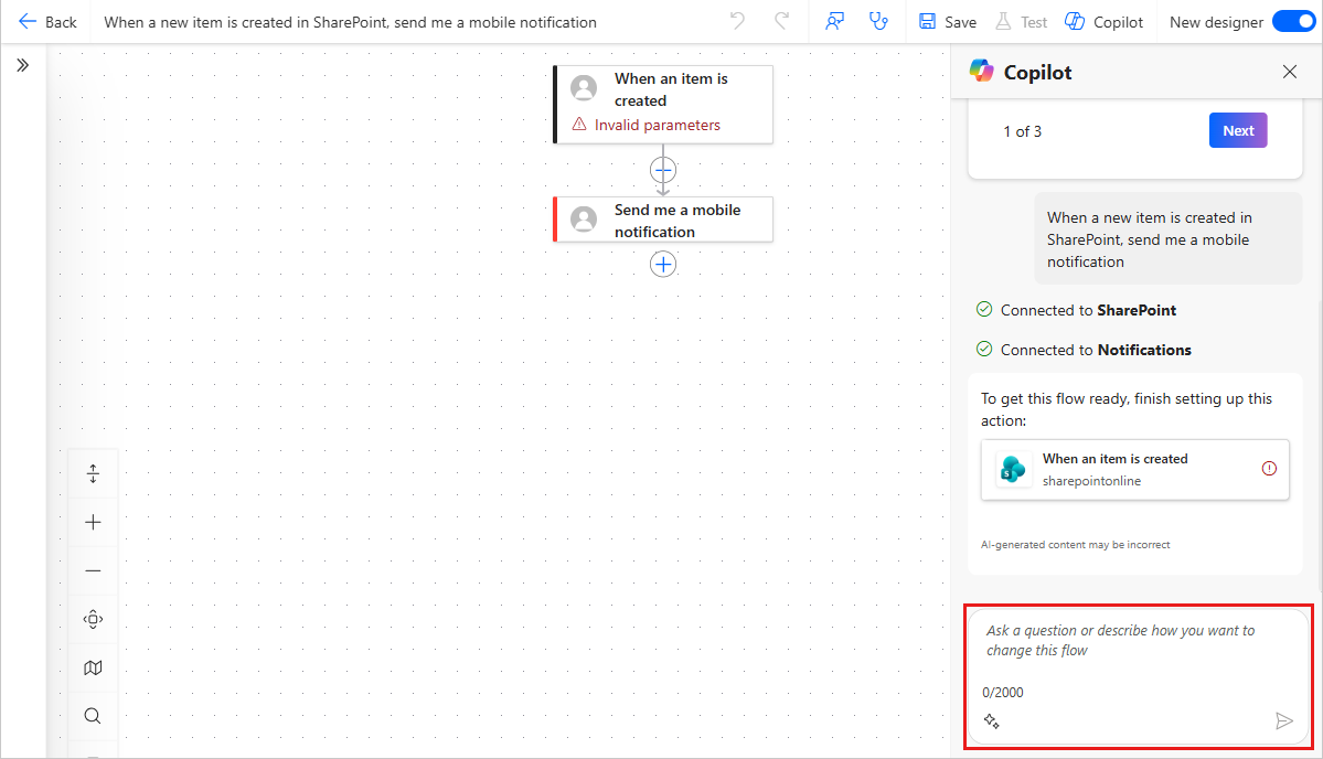 Power Automate flow designer showing a trigger, notification action and incomplete parameters.
