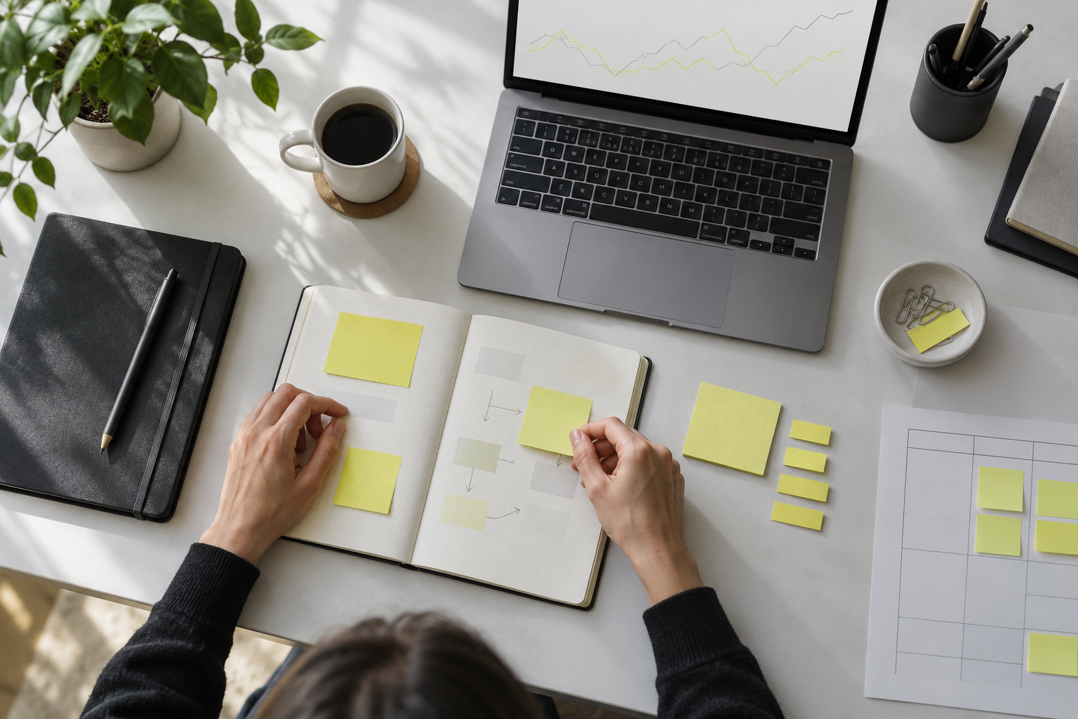 An illustrative project workspace with a notebook, laptop chart and planning notes.